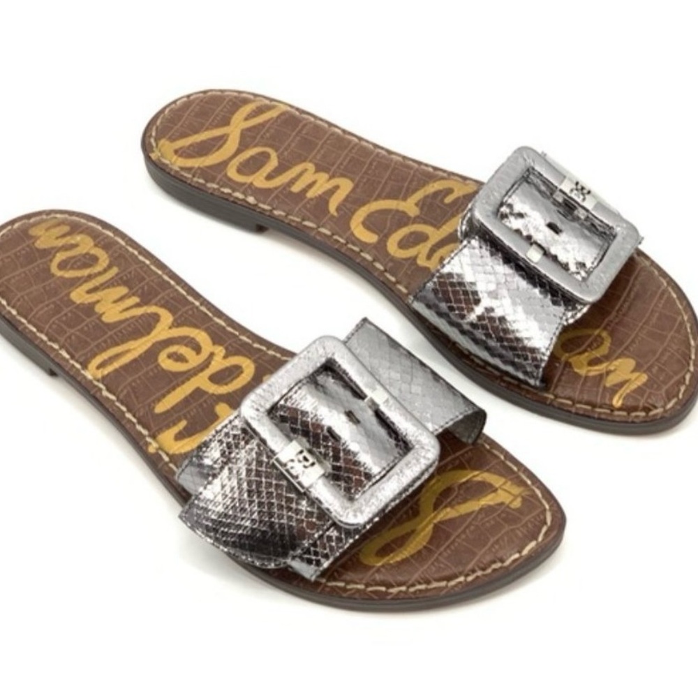 Sam Edelman Women's Silver Snakeskin Slide Sandals Buckle Accent